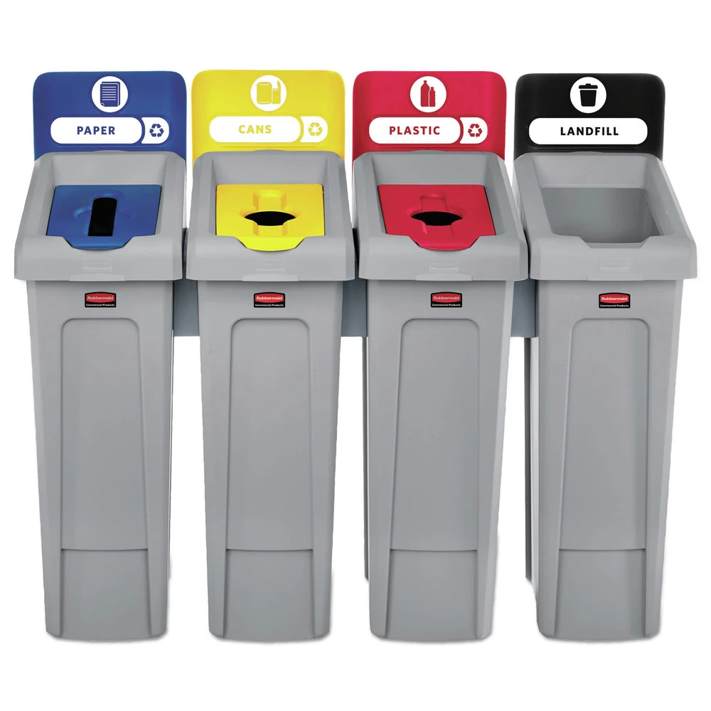 Rubbermaid Commercial 2007919 Slim Jim 92 Gal. 4 Stream Landfill/Paper/Plastic/Cans Recycling Station Kit - Gray 4 Rubbermaid Commercial 2007919 Slim Jim 92 Gal. 4 Stream Landfill/Paper/Plastic/Cans Recycling Station Kit - Gray - Image 2